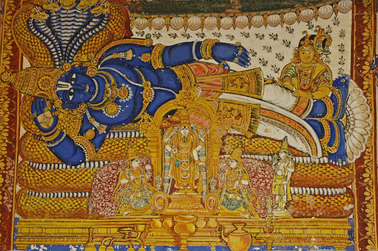 Indie, Tamil Nadu, Srirangam, Sri Ranganathaswamy Hindu Temple (pierwotny X wiek), Malowidło ścienne Wisznu. autorstwa Unbekannt
