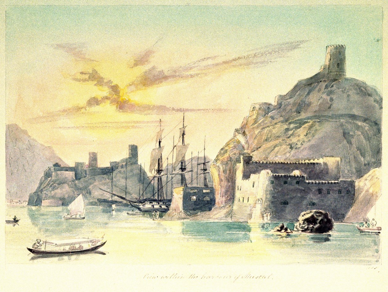 Widok wnętrza portu Muscat (Oman) z opisem ufortyfikowanych budynków i zacumowanych statków. Podpułkownik Charles Hamilton Smith (1776-1859) autorstwa Unbekannter Künstler