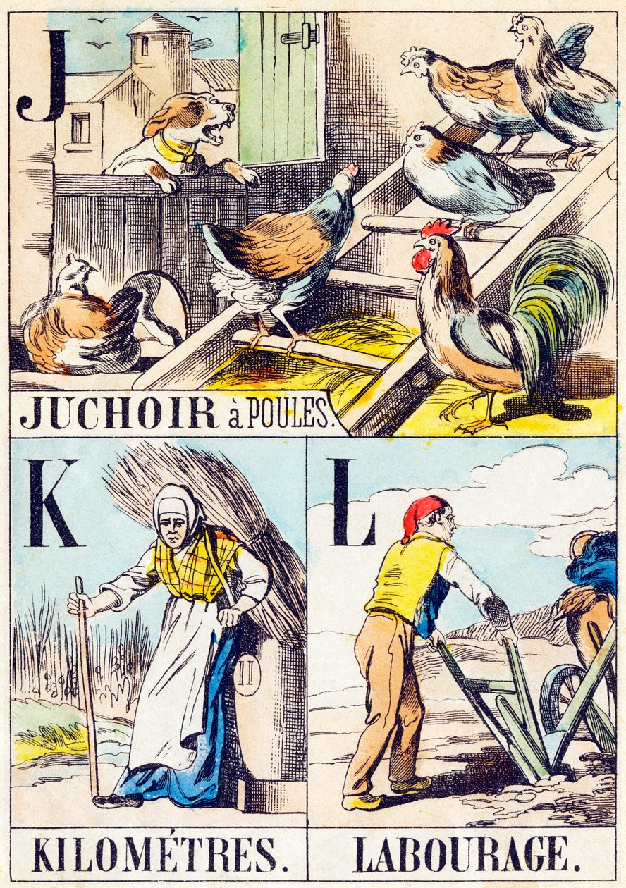 J K L : Juchoir a poules, Kilometry, Labourage - "Alfabet folwarczny" koniec XIX w. (rycina) autorstwa Unbekannt