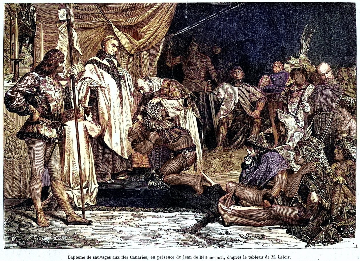 Jean de Bethencourt, normandzki dżentelmen, baron de Saint Martin le Gaillard, podbił i schrystianizował Wyspy Kanaryjskie w styczniu 1405 r., z magazynu „Sur terre et sur mer”” nr 28, 8 stycznia autorstwa Unbekannter Künstler