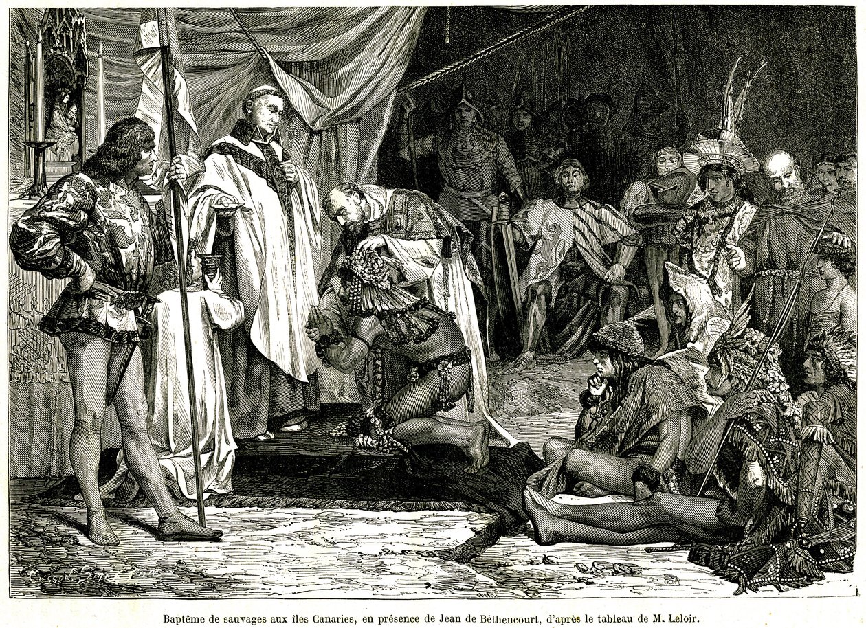 Jean de Bethencourt, normandzki dżentelmen, baron de Saint Martin le Gaillard, podbił i schrystianizował Wyspy Kanaryjskie w styczniu 1405 r., z magazynu „Sur terre et sur mer”” nr 28, 8 stycznia autorstwa Unbekannter Künstler