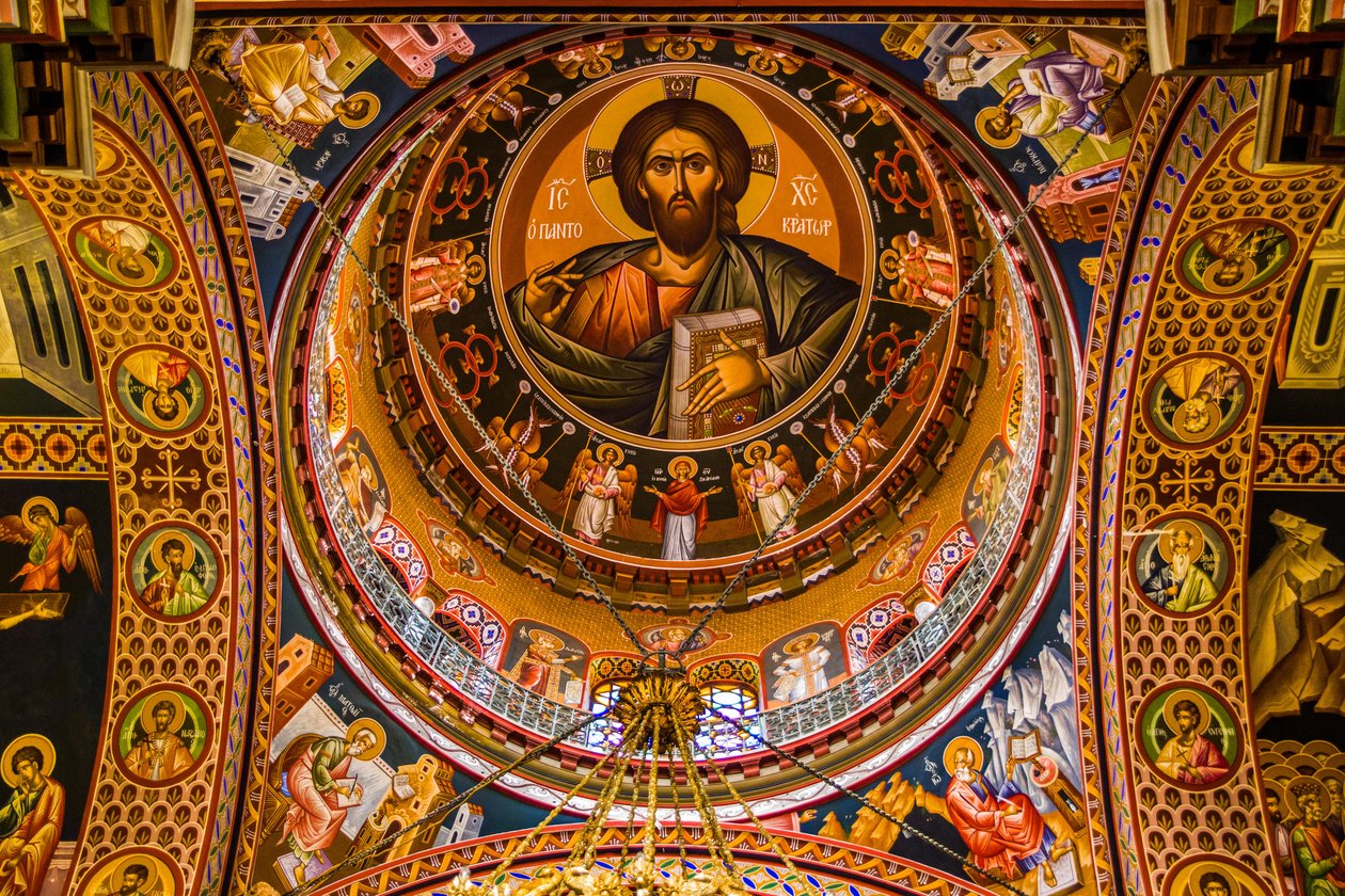 Jezus jako Pantokrator, bizantyjska katedra Minas z kolorowymi freskami, Heraklion (zdjęcie) autorstwa Unbekannter Künstler