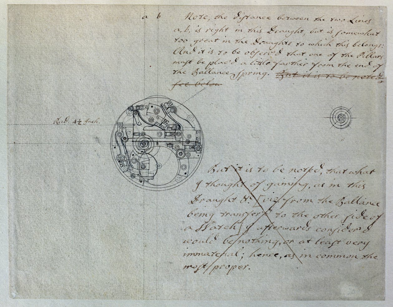 Projekt Johna Harrisona dotyczący „mniejszego zegarka” wspomniany przez niego na Board of Longitude 19 czerwca 1755, z zestawu mechanicznych notatek i rysunków skompilowanych przez Johna Harrisona (1693-1776) i jego syna Williama (ok. 1726-72) (pióro i atr autorstwa Unbekannt