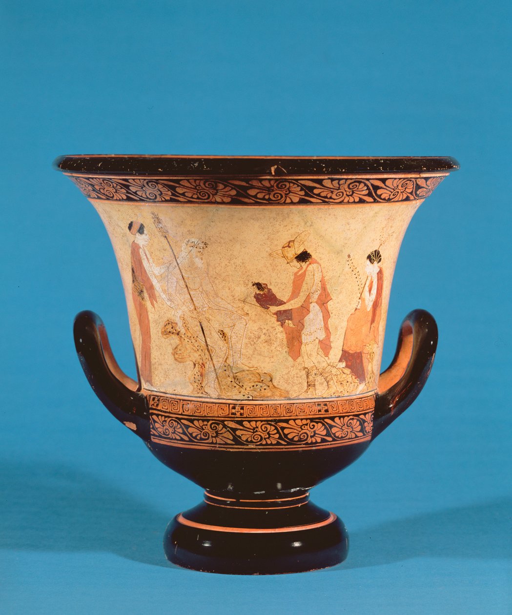 Krater Kalyx przedstawiający Hermesa dostarczającego niemowlę Dionizosa do Nimf, Etruskowie, ok. 460 pne (terakota) autorstwa Unbekannt