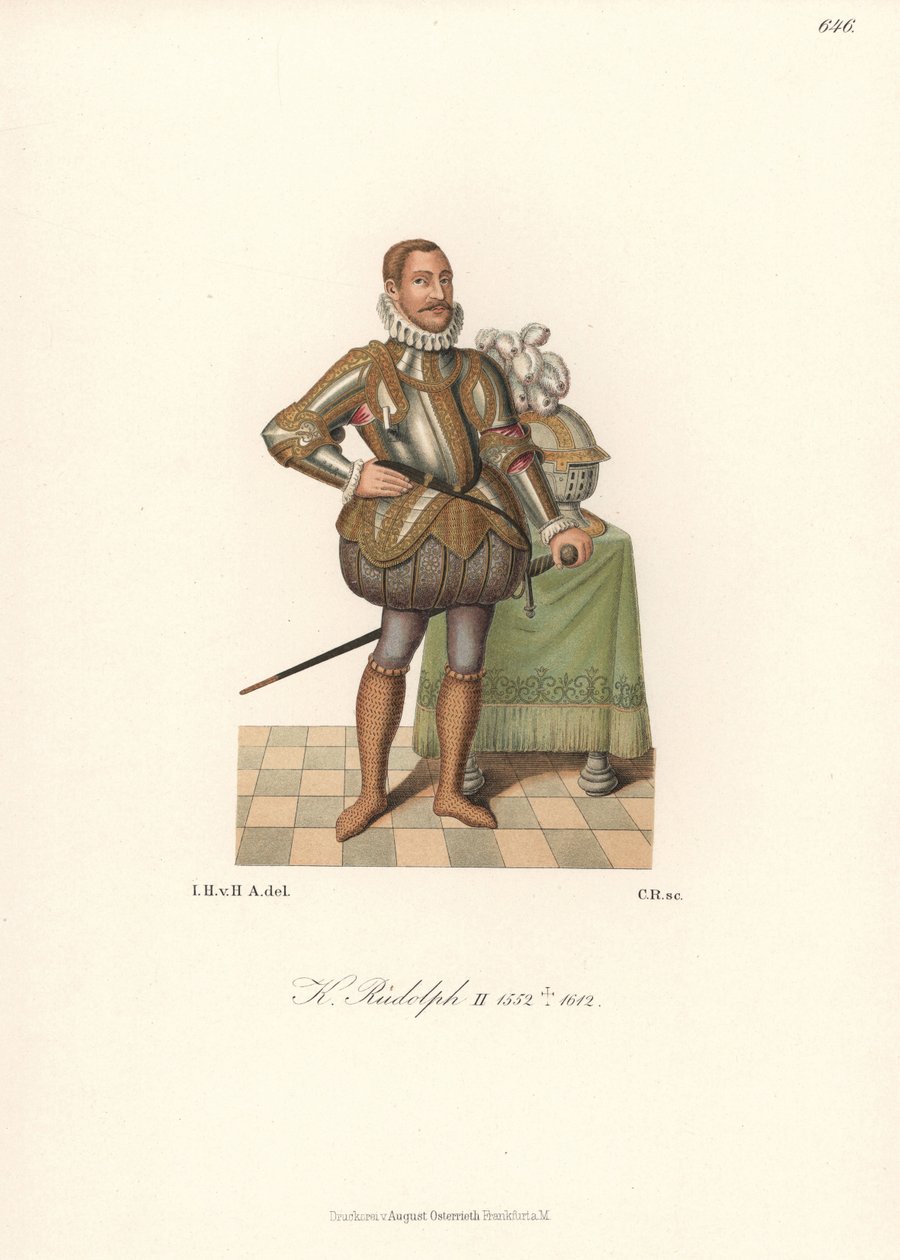 Król Rudolf II, Święty Cesarz Rzymski, król Czech, arcyksiążę Austrii (1552-1612). W koronkowej runie, zbroi płytowej zdobionej złotem, wężu z poduszkami i skarpetach z kolczugi. Chromolitografia z kolekcji Hefner-Alteneck