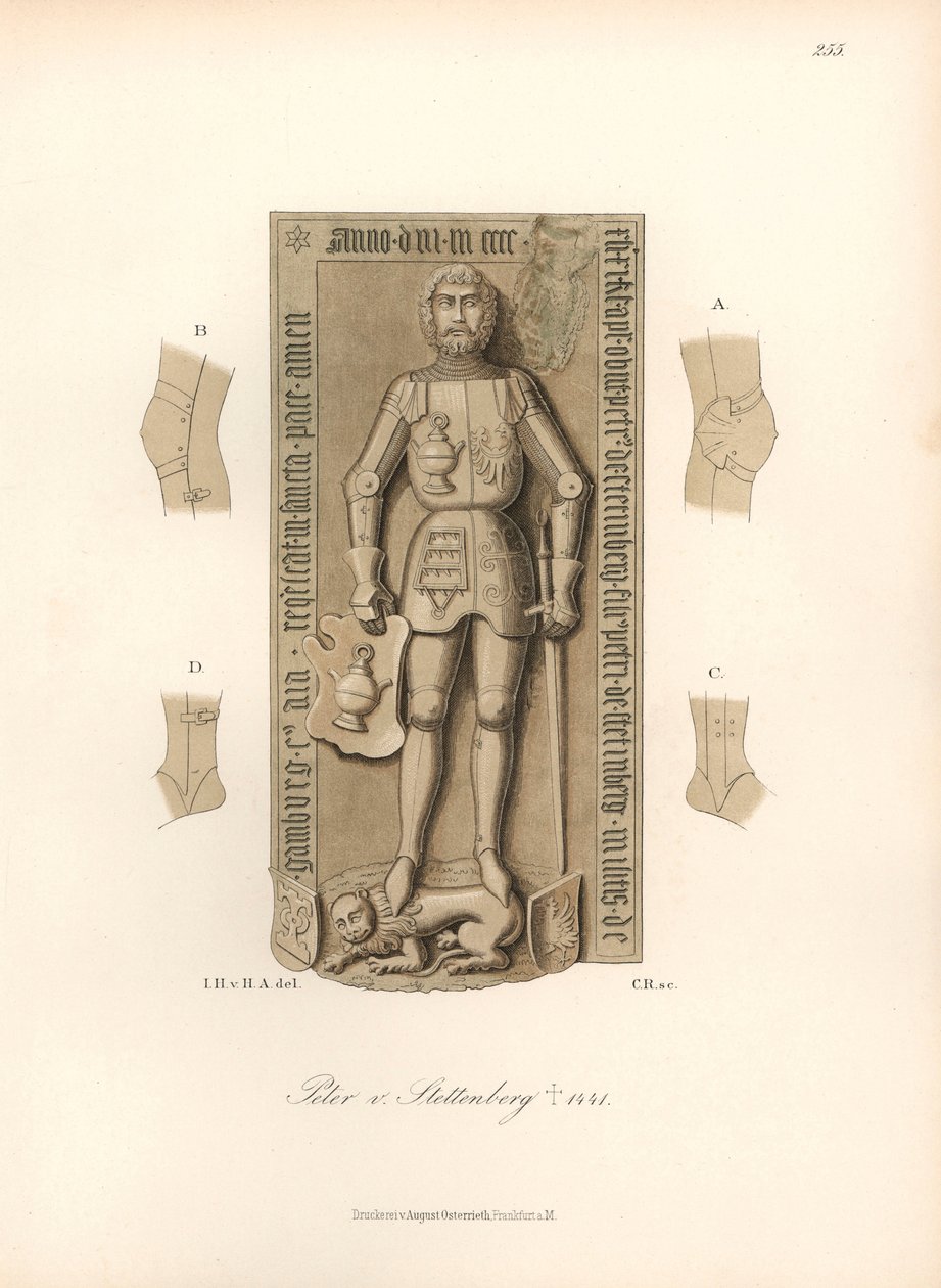 Rycerz w zbroi z XV wieku, z detalami wiązań na kolanach i łokciach - Nagrobek Petera von Stettenberg, zm. 1441 - Chromolitografia, rysunek Jakoba Heinricha von Hefner-Alteneck (1811-1903), do jego książki "Kostiumy, rzemiosła i instrumenty". autorstwa Unbekannter Künstler