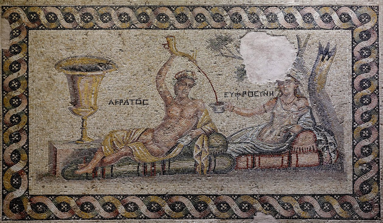 Kratos (Cratos) i Euphrosyne (Euthymia) - Mozaika, Akratos i Euphrosyne, Zeugma Mosaic Museum, Gaziantep, Region Południowo-Wschodniej Anatolii, Anatolia, Turcja, Azja autorstwa Unbekannter Künstler