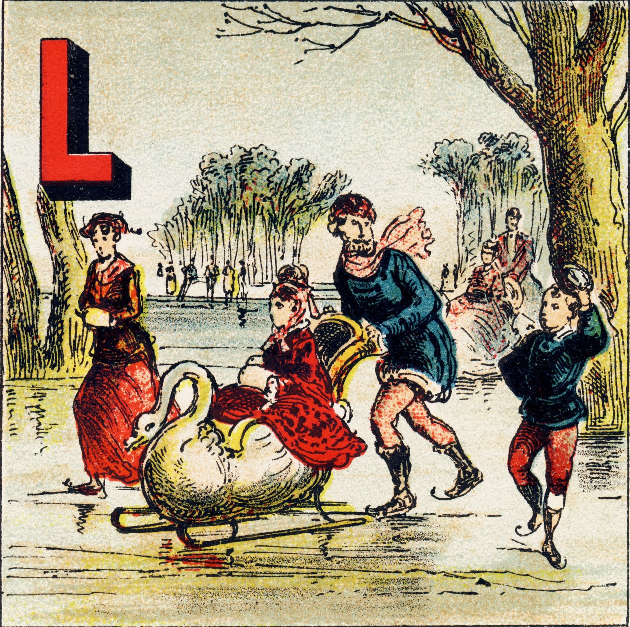 L: Jezioro. Jezioro to duży zbiornik wodny zamknięty w lądzie. Jezioro Genewskie to godne podziwu jezioro - Grawerunek wydobyty z Alfabetu Geograficznego. Guerin-Muller et Cie, wydawnictwa, Paryż autorstwa Unbekannt