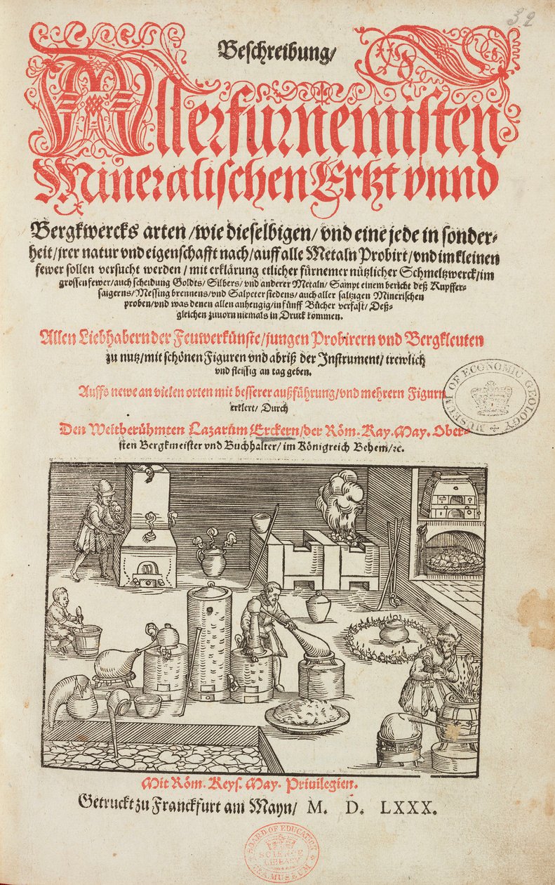 Laboratorium analizy rud, z piecem, instrumentem i narzędziami - Strona tytułowa z Opisu rud i głównych metod wydobycia, Lazarus Ecker - Alchemia i wczesna chemia Strona tytułowa z książki o metalurgii autorstwa Unbekannt