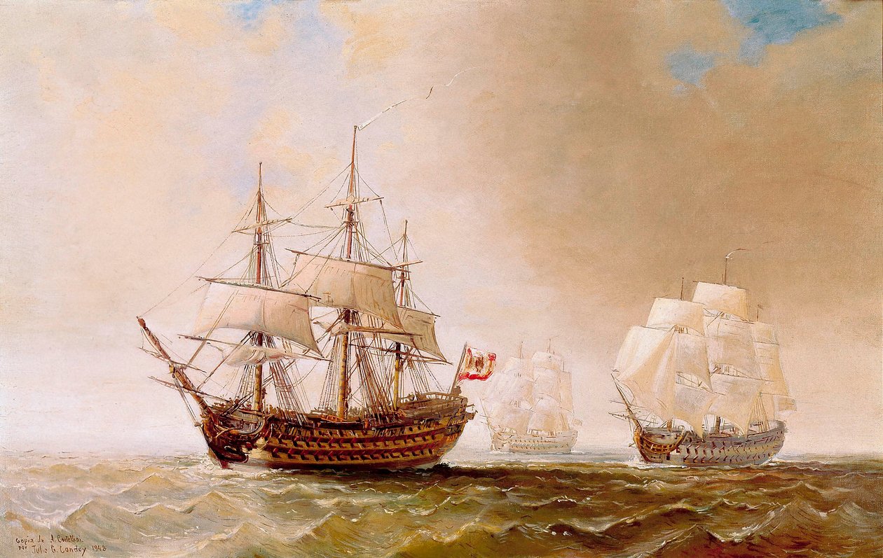 Hiszpański okręt San Hermenegildo w bitwie pod Trafalgarem 21 października 1805 r.: flota francusko-hiszpańska pod dowództwem admirała Villeneuve