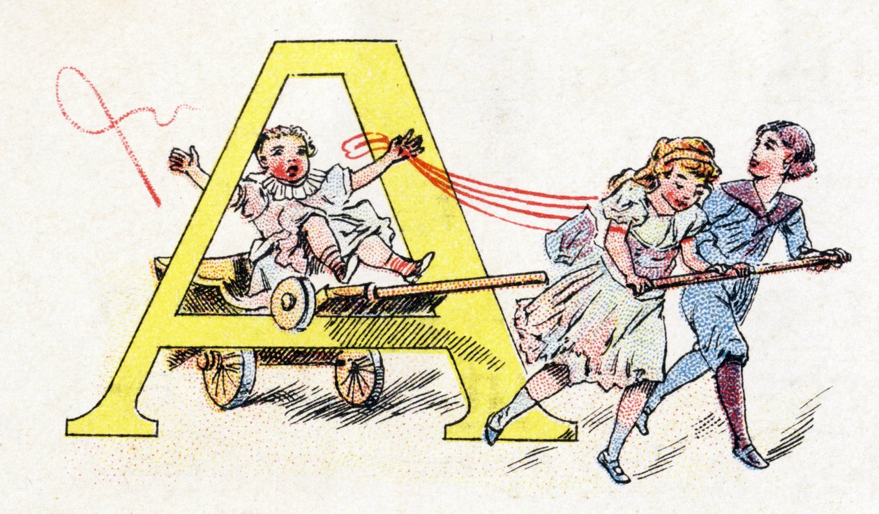 Litera A: zabawa autostopem. Alfabet fosfatyny Falieres. Rytownictwo. Alfabet Brevete S.G.D.G. przez farmaceutę Pierre