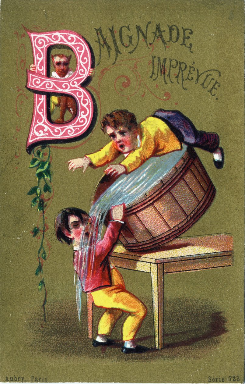 Litera B: Zrewidowana kąpiel. Grawerowanie w „Alfabet des grotesques””. Seria 25 chromatografów reklamowych na tle dory, koniec XIX wieku. Wymiary: 11x 7 cm autorstwa Unbekannt