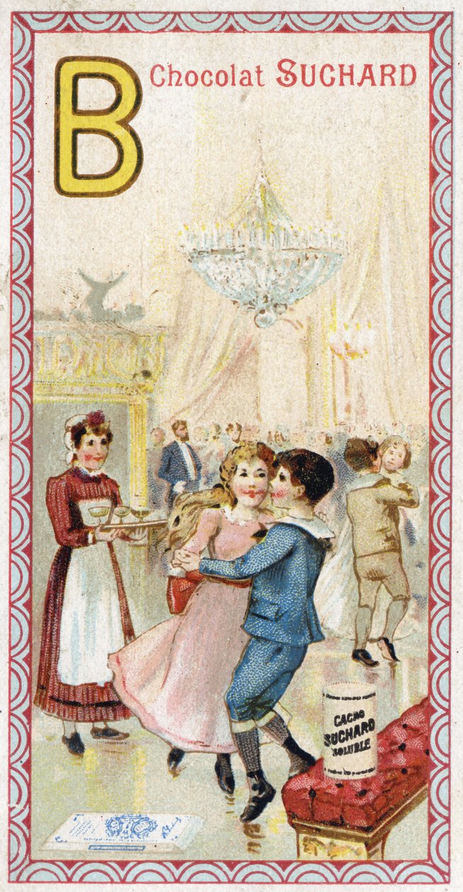 Litera B: bal, balkon, napoje, świece, pokojówka, ławka. Rycina alfabetu pod redakcją Chocolata Sucharda, początek XX wieku. 24 chromatografie przedstawiające miejsca, postacie i przedmioty do odkrycia na obrazie. Wymiary: 105x55mm autorstwa Unbekannt