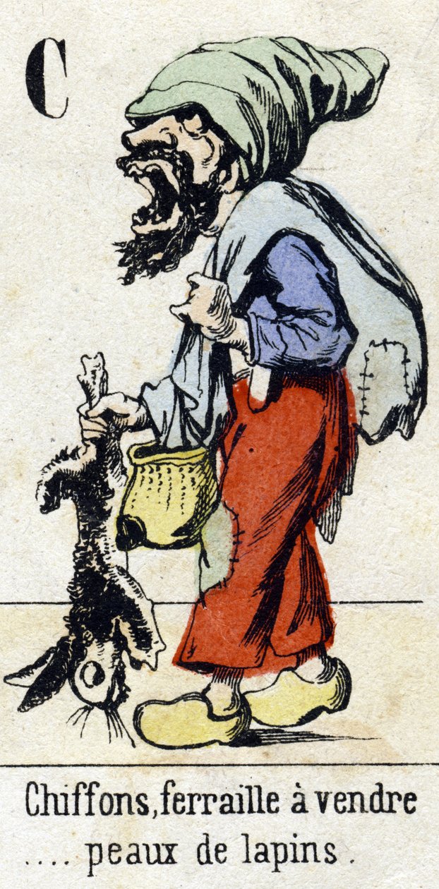 Litera C „Szmaty, złom na sprzedaż… skóry królicze.” Alfabet „Zabawa dzieci”. Obraz Epinal, około 1890. Popularny serial. Mała broszura 8 stron. Matrycowane drzeworyty na temat małych ulicznych metier i krzyków Paryża autorstwa Unbekannt
