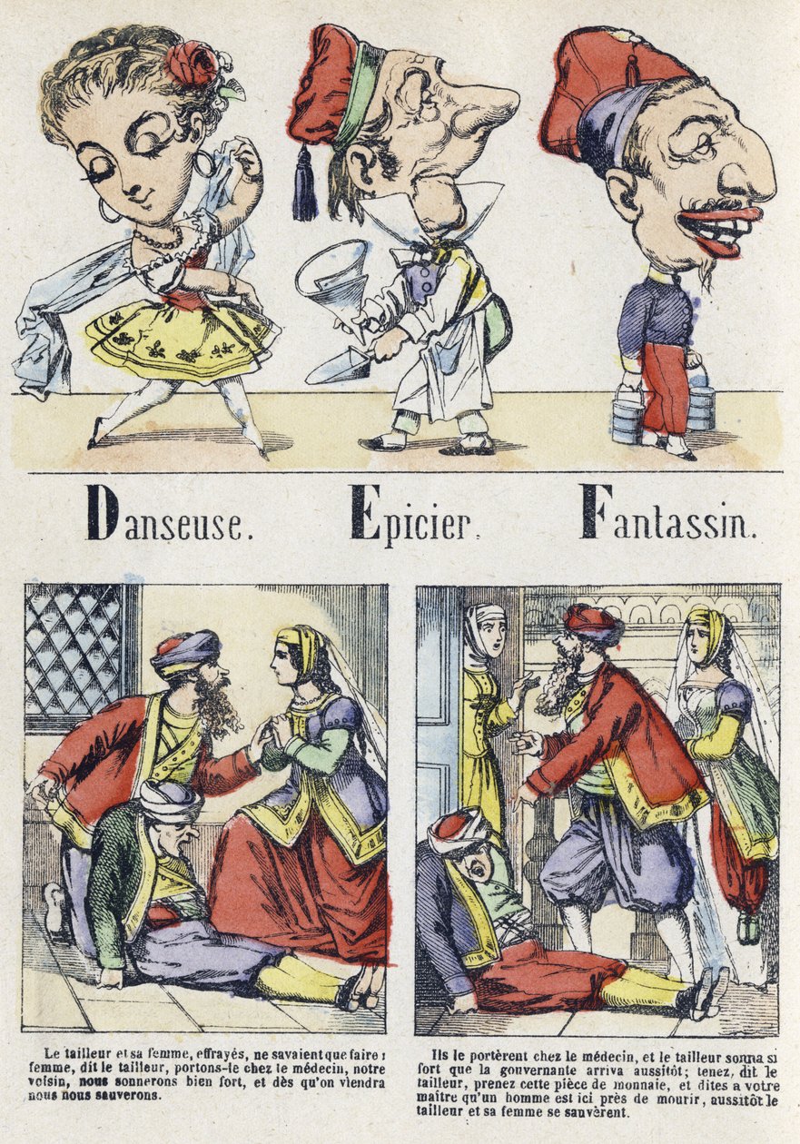Litera D, E i F: tancerz, sklep spożywczy i piechota. Alfabet wschodniej opowieści. Obraz Epinal, około 1890. Popularny serial. Mała broszura 8 stron. Wymiary: 205x150mm. Matrycowane drzeworyty na temat metier autorstwa Unbekannt