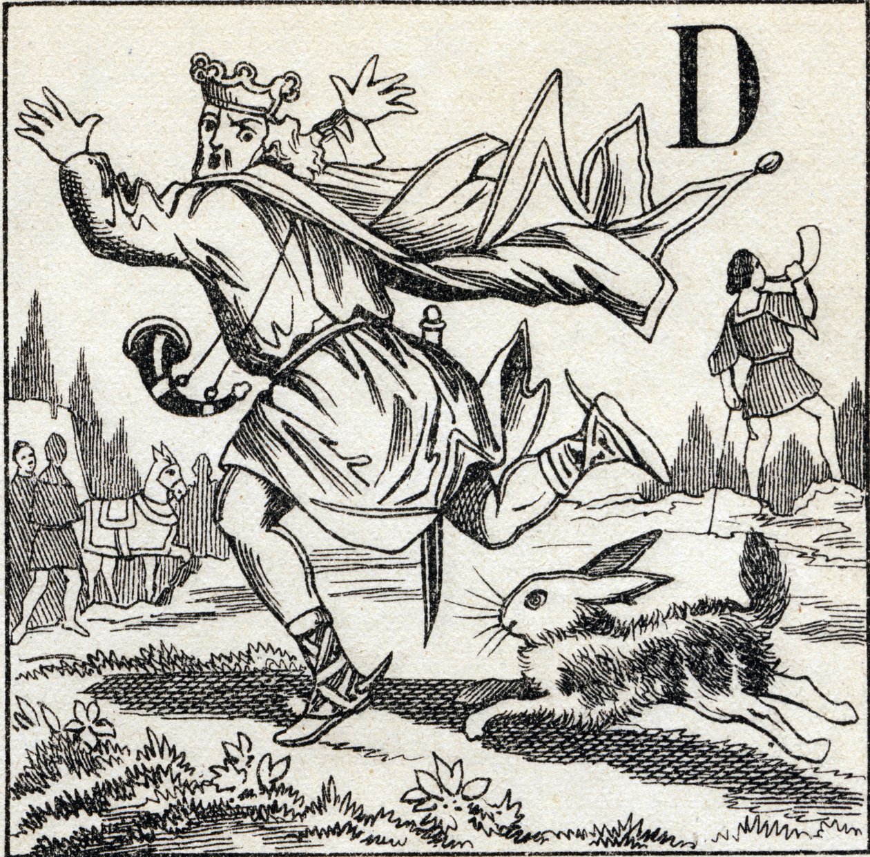 Litera D: Król Dagobert ścigany przez zająca. Grawerowanie w „ABC Les Images en Alphabet”. Obrazowanie epinal. Pellerin i Cie, drukarz-wydawca, Epinal, koniec XIX w., ok. 1890 r. 10 stron. Wymiary: 19,5 x 13,5 cm autorstwa Unbekannt