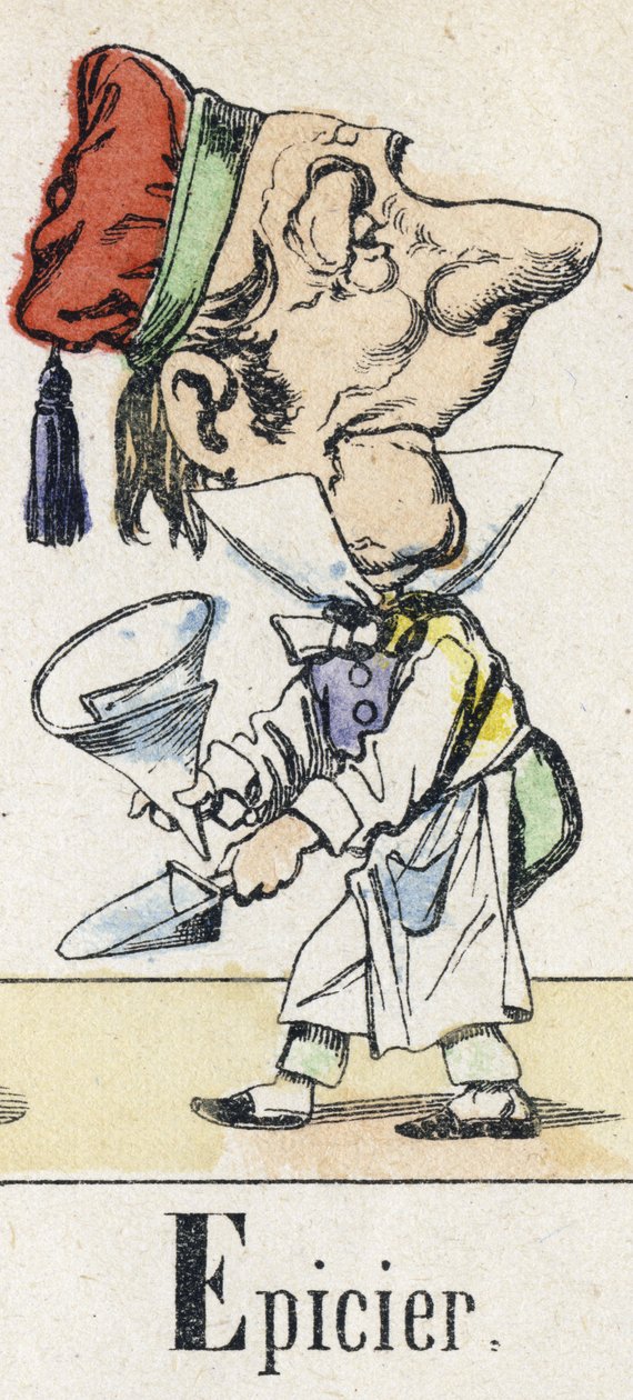 Litera E: sklep spożywczy. Alfabet wschodniej opowieści. Obraz Epinal, około 1890. Popularny serial. Mała broszura 8 stron. Wymiary: 205x150mm. Matrycowane drzeworyty na temat metier autorstwa Unbekannt