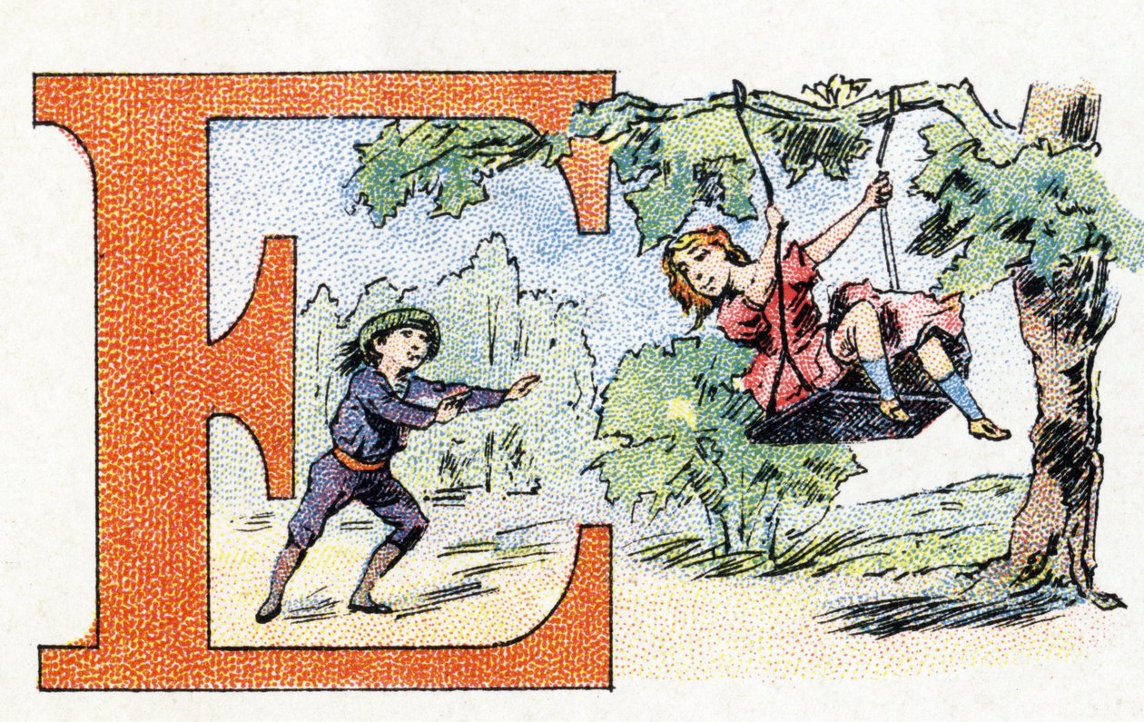 Litera E: Scarpolette. Alfabet fosfatyny Falieres. Rytownictwo. Alfabet Brevete S.G.D.G. przez farmaceutę Pierre