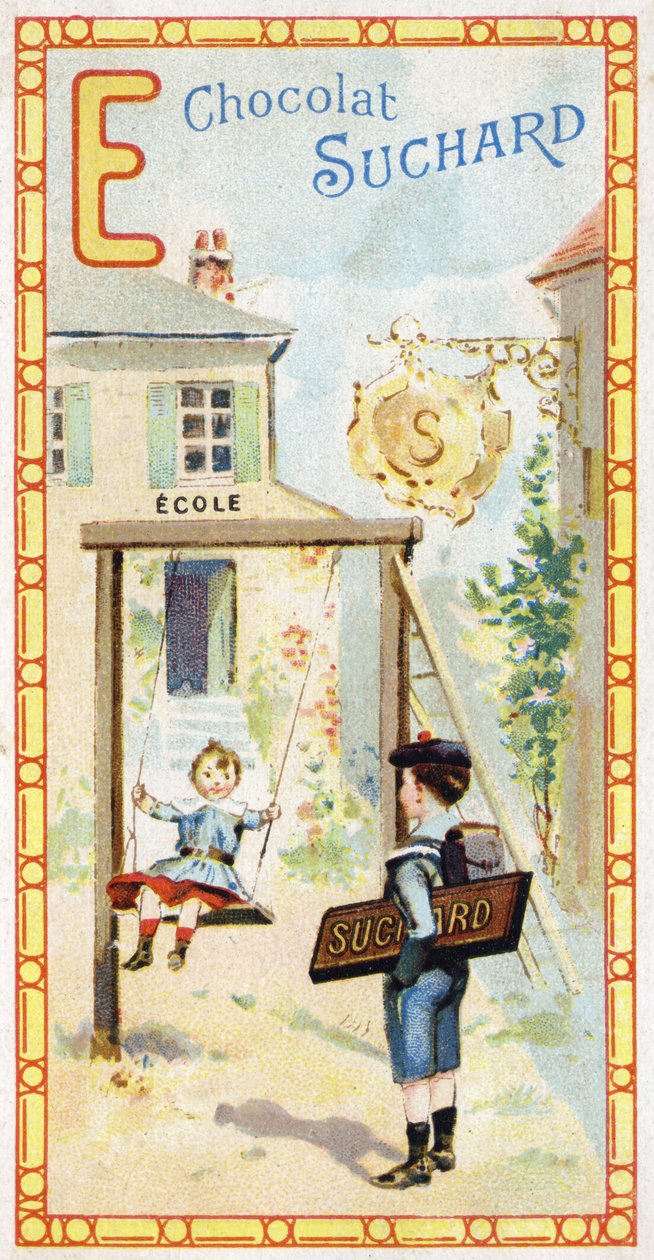 Litera E: szkoła, dzieci, escarpolette, odznaka, znak, wejście, drabina, uczeń. Rycina alfabetu pod redakcją Chocolata Sucharda, początek XX wieku. 24 chromatografie przedstawiające miejsca, postacie i przedmioty do odkrycia w autorstwa Unbekannt