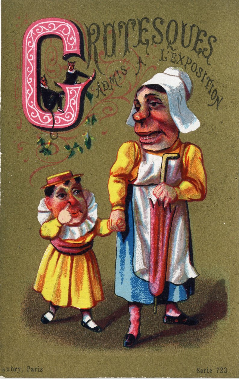 Litera G: Groteski dopuszczone do wystawy. Grawerowanie w „Alfabet des grotesques””. Seria 25 chromatografów reklamowych na tle dory, koniec XIX wieku. Wymiary: 11x 7 cm autorstwa Unbekannt