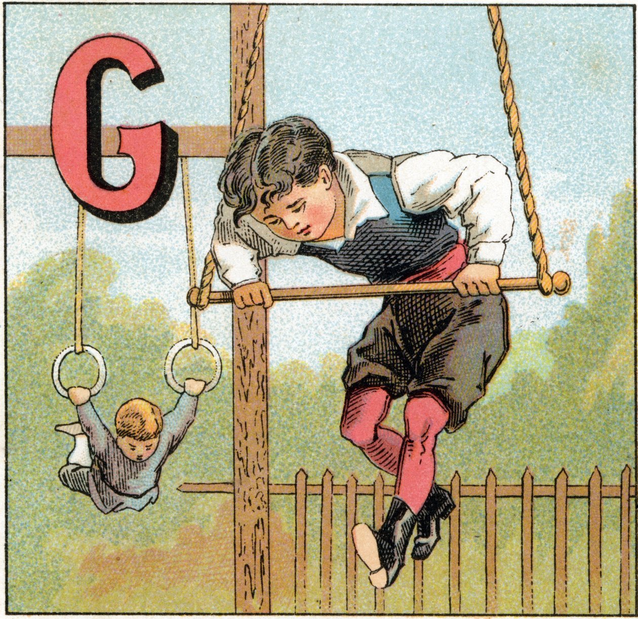 Litera G dla gimnastyki. Grawer w „Alphabet des petits ecoliers”. Obraz Epinal, ok. 1885. Kolekcja Privee autorstwa Unbekannt