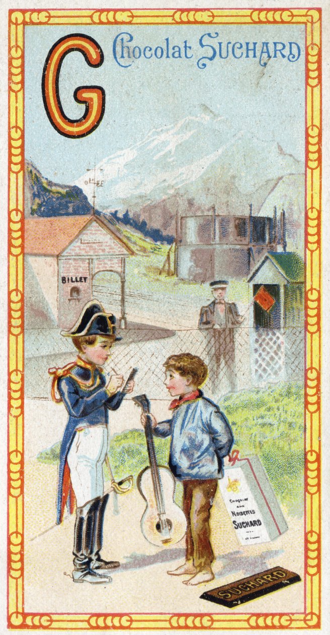Litera G: lodowiec, żandarm, gazometr, dzieciak, stacja, wojownik, wiatrowskaz, gitara. Rycina alfabetu pod redakcją Chocolata Sucharda, początek XX wieku. 24 chromatografie przedstawiające miejsca, postacie i przedmioty do odkrycia na obrazie autorstwa Unbekannt