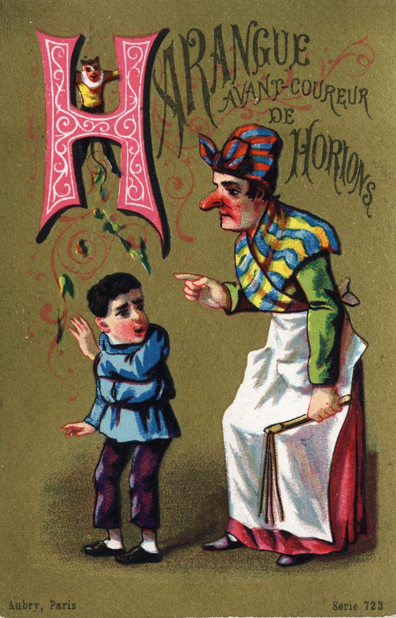 Litera H: Harangue przed horion runner. Grawerowanie w „Alfabet des grotesques””. Seria 25 chromatografów reklamowych na tle dory, koniec XIX wieku. Wymiary: 11x 7 cm autorstwa Unbekannt
