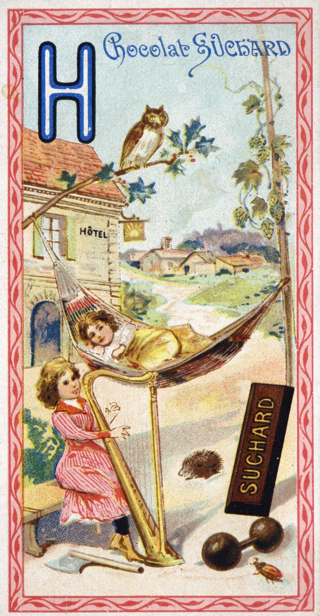 Litera H: hotel, sowa, hamak, harfa, topór, herisson, chmiel, hantle, chabbing, hamlet. Rycina alfabetu pod redakcją Chocolata Sucharda, początek XX wieku. 24 chromatografie przedstawiające miejsca, postacie i przedmioty do odkrycia w autorstwa Unbekannt