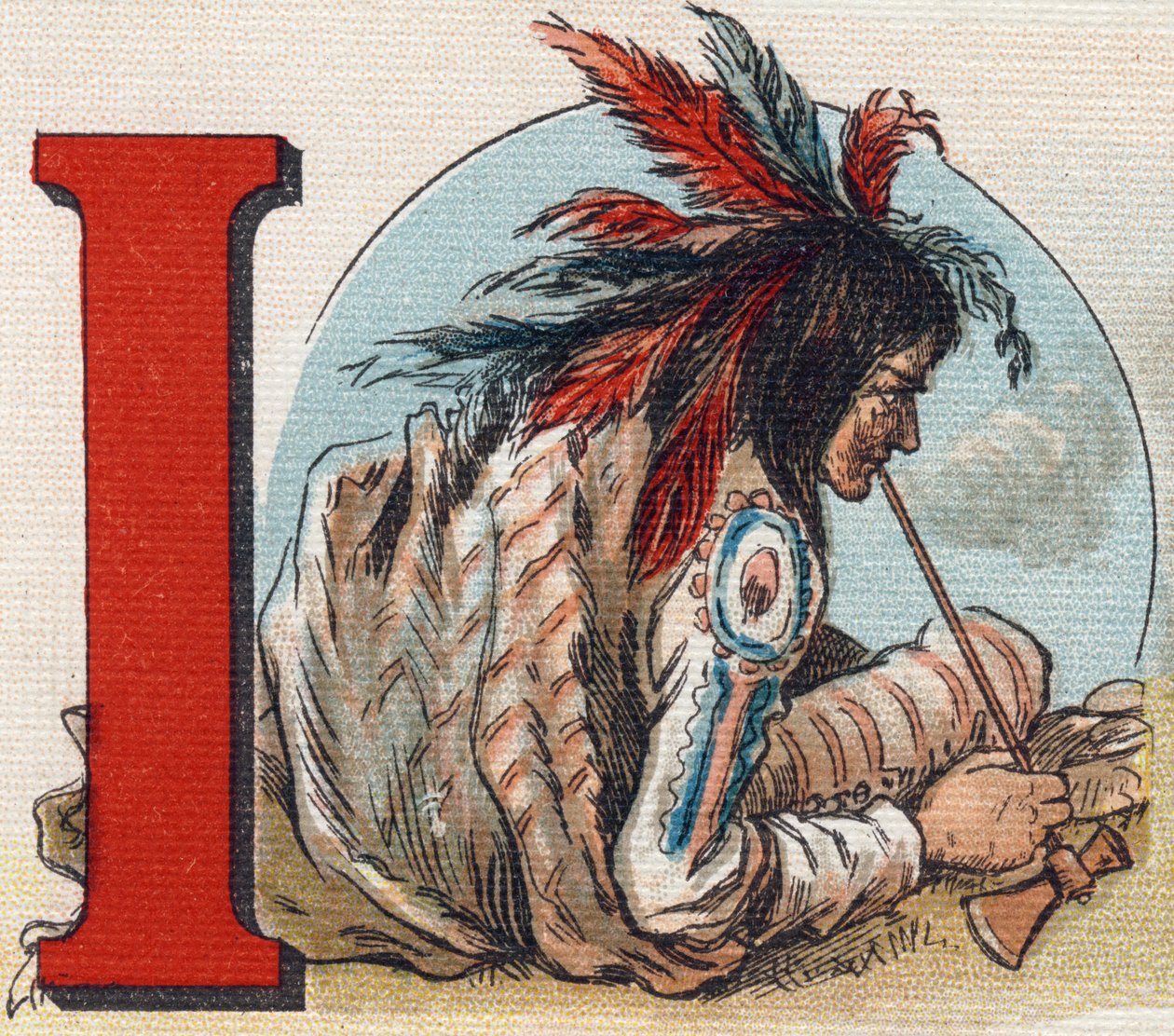 Litera I: Indianin amerykański. Grawerowanie w "Alfabet de ma petite fille". Bernardin-Bechet i Fils, księgarz-wydawnictwo, Paryż, ok. 1895. Niezniszczalny album na płótnie. Bibliotheque des Bebes. 12 stron. Album zawierający sposób czytania i ilustrację autorstwa Unbekannt