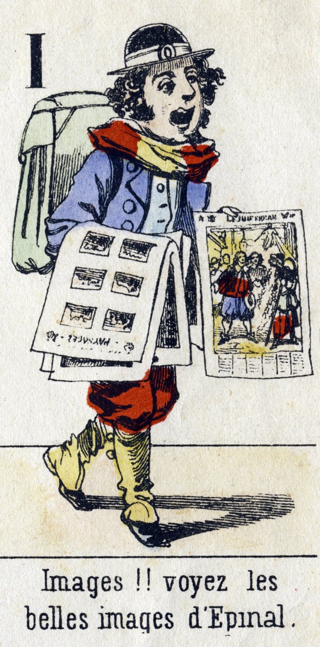 List I: "Obrazy!! zobacz piękne obrazy Epinal". Alfabet „Zabawa dzieci”. Obraz Epinal, około 1890. Popularny serial. Mała broszura 8 stron. Matrycowane drzeworyty na temat małych ulicznych metier i krzyków Paryża autorstwa Unbekannt