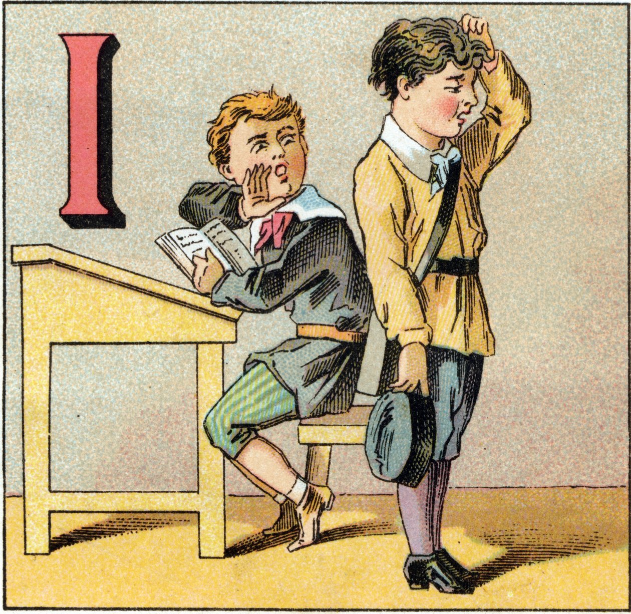 Litera I jako ignorancja. Pytający student zapomniał o swoim wykładzie i powtarza, co wieje jeden z jego towarzyszy. Grawer w „Alphabet des petits ecoliers”. Obraz Epinal, ok. 1885. Kolekcja Privee autorstwa Unbekannt
