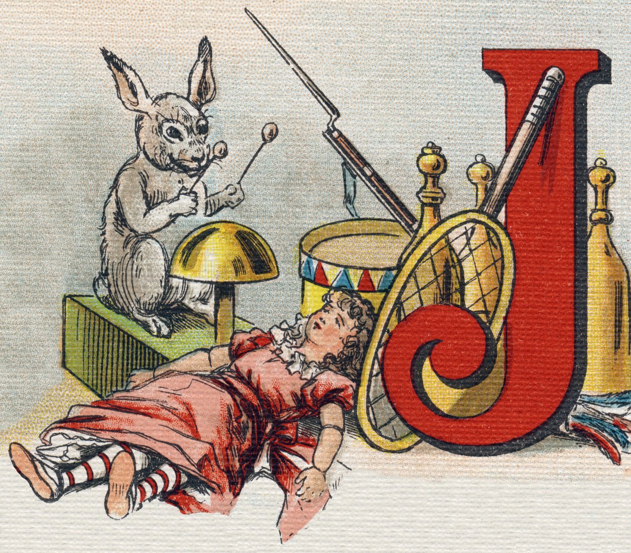 Litera J: zabawki. Grawerowanie w "Alfabet de ma petite fille". Bernardin-Bechet i Fils, księgarz-wydawnictwo, Paryż, ok. 1895. Niezniszczalny album na płótnie. Bibliotheque des Bebes. 12 stron. Album zawierający sposób czytania i ilustracyjne abecedary autorstwa Unbekannt