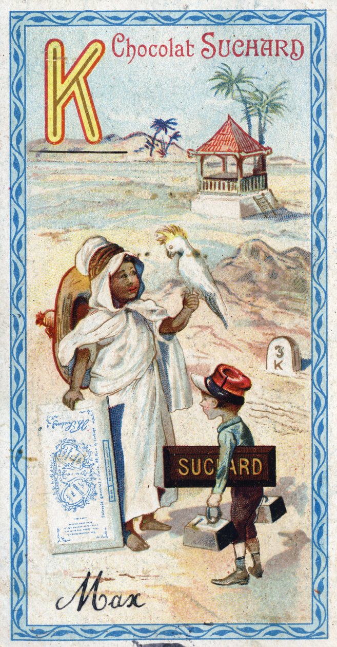 Litera K: kabyle, kepi, kilogram, kakatoes, kiosk, kilometr. Rycina alfabetu pod redakcją Chocolata Sucharda, początek XX wieku. 24 chromatografie przedstawiające miejsca, postacie i przedmioty do odkrycia na obrazie. Wymiary: 105x55mm autorstwa Unbekannt