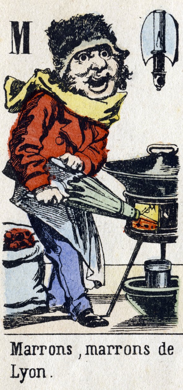 Litera M: „Brąz, brąz z Lyonu”. Alfabet „Zabawa dzieci”. Obraz Epinal, ok. 1890 r. Popularna seria. Mała broszura 8 stron. Matrycowane drzeworyty na temat małych ulicznych metier i krzyków Paryża autorstwa Unbekannt