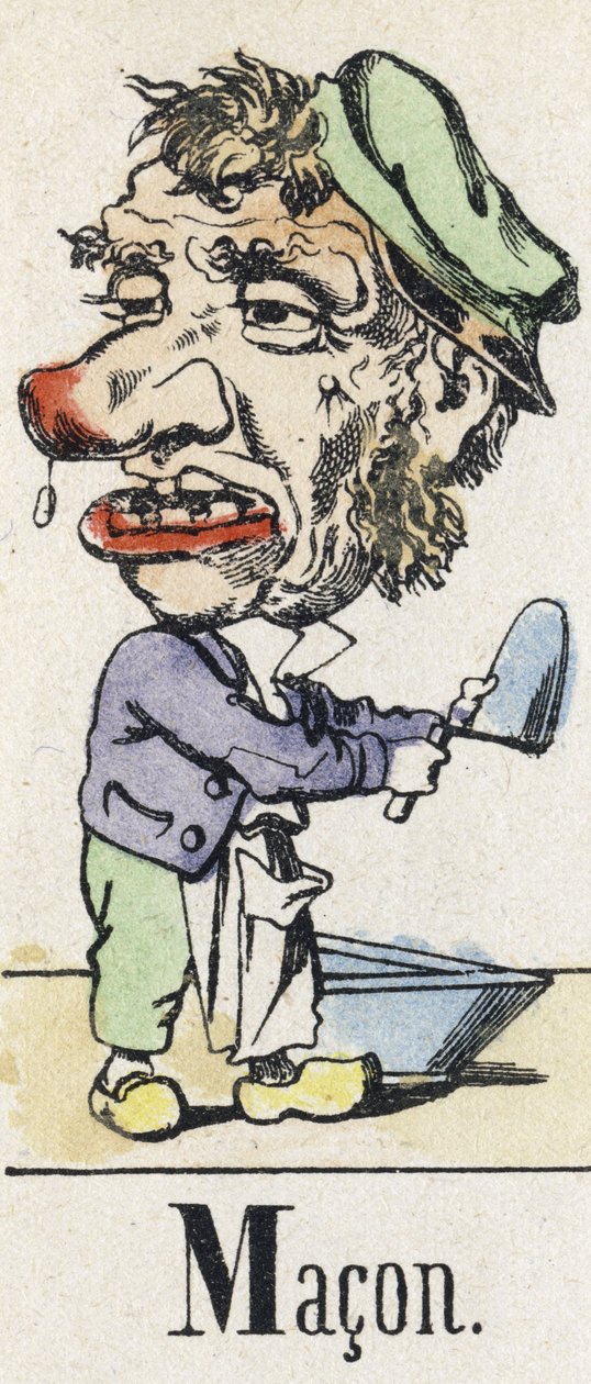 Litera M: Macon. Alfabet wschodniej opowieści. Obraz Epinal, około 1890. Popularny serial. Mała broszura 8 stron. Wymiary: 205x150mm. Matrycowane drzeworyty na temat metier autorstwa Unbekannt