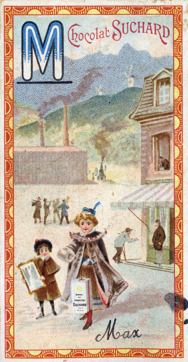 Litera M: góra, lustro, maszyna, manufaktura, płaszcz, żebrak, młyn. Rycina alfabetu pod redakcją Chocolata Sucharda, początek XX wieku. 24 chromatografie przedstawiające miejsca, postacie i przedmioty do odkrycia na obrazie. Ciemny: autorstwa Unbekannt