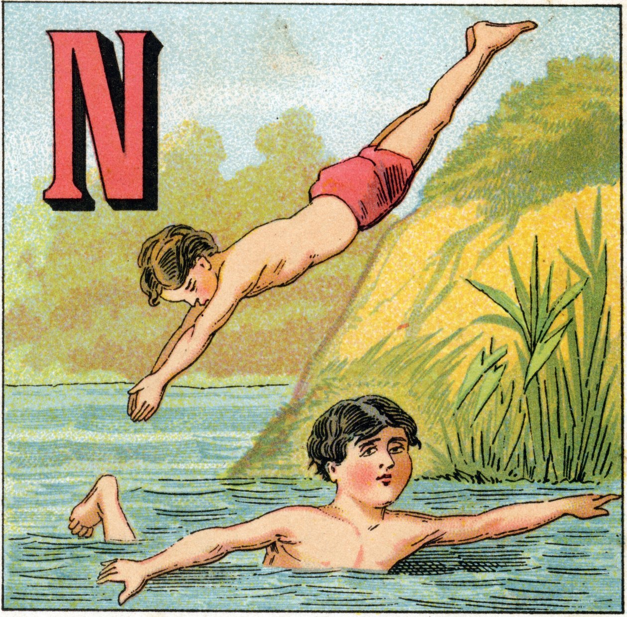 Litera N do pływania. Grawer w „Alphabet des petits ecoliers”. Obraz Epinal, ok. 1885. Kolekcja Privee autorstwa Unbekannt