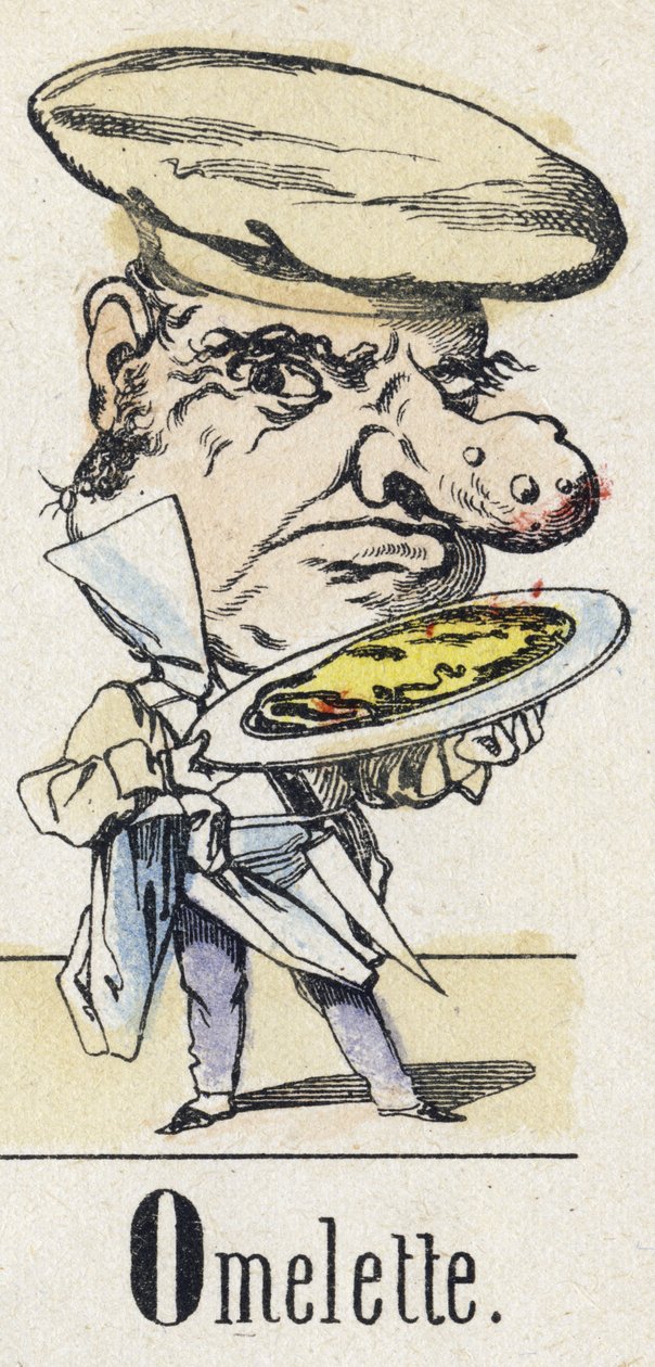 Litera O: Omlet. Alfabet wschodniej opowieści. Obraz Epinal, około 1890. Popularny serial. Mała broszura 8 stron. Wymiary: 205x150mm. Matrycowane drzeworyty na temat metier autorstwa Unbekannt