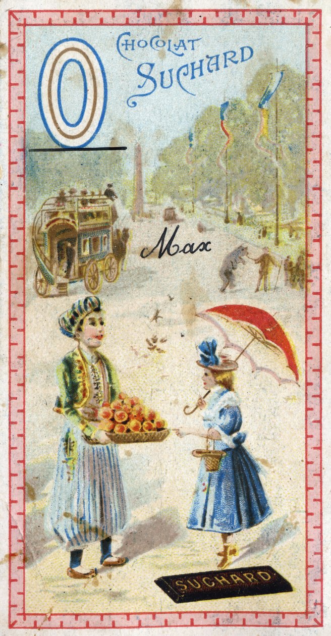 Litera O: omnibus, otomana, parasolka, oriflame, pomarańcza, obelisk, niedźwiedź. Rycina alfabetu pod redakcją Chocolata Sucharda, początek XX wieku. 24 chromatografie przedstawiające miejsca, postacie i przedmioty do odkrycia na obrazie. Di autorstwa Unbekannt