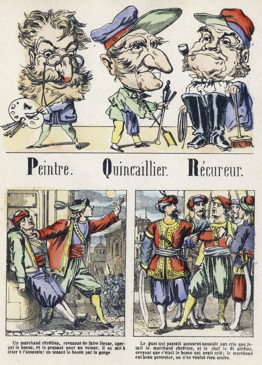 Litera P, Q i R: Malarz, Sprzęt i Odzyskiwacz. Alfabet wschodniej opowieści. Obraz Epinal, około 1890. Popularny serial. Mała broszura 8 stron. Wymiary: 205x150mm. Matrycowane drzeworyty na temat metier autorstwa Unbekannt