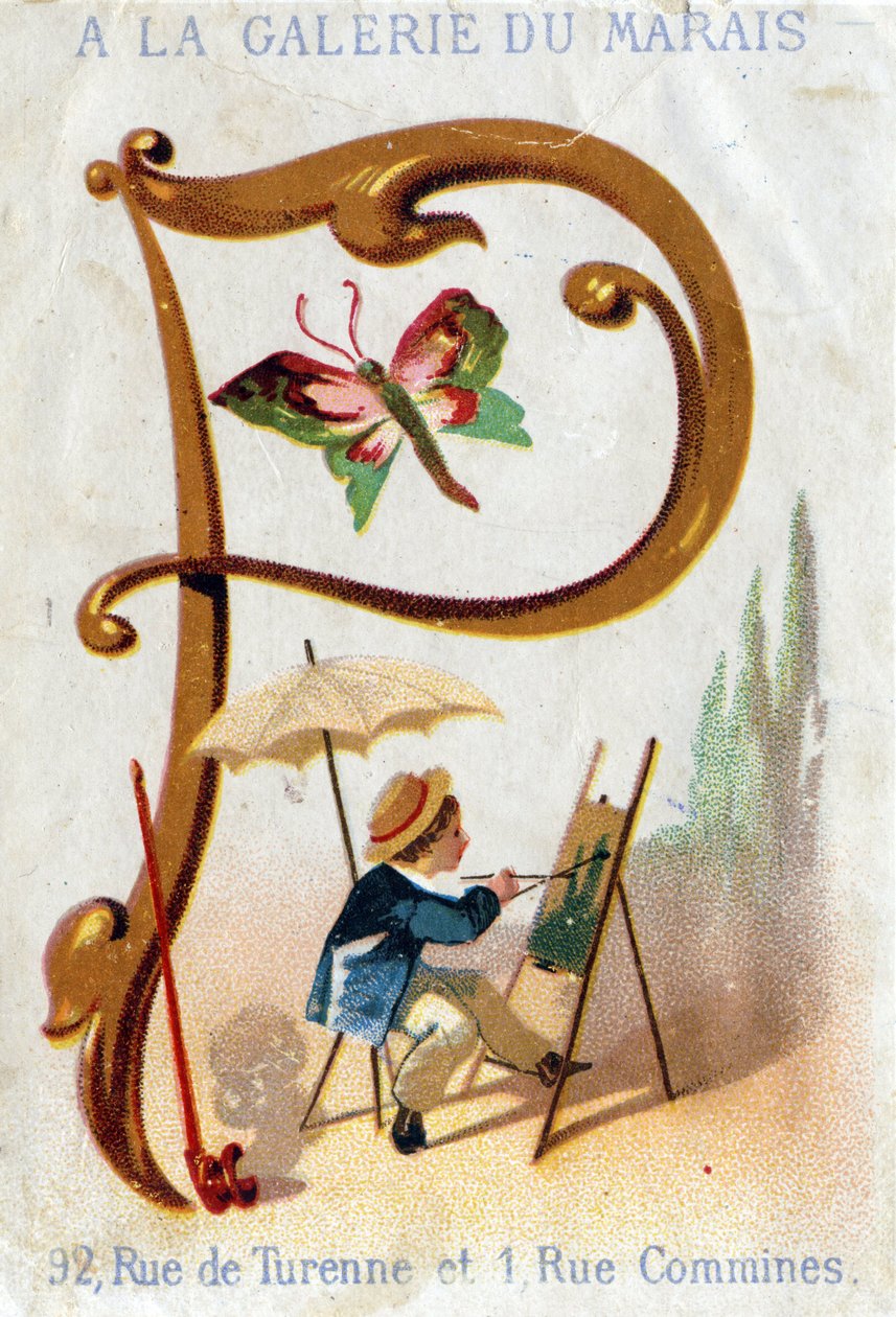 Litera P: malarz, motyl, parasol, fajka. Alfabet Art Nouveau: Seria 25 chromatografów reklamowych. Litografia Alfreda Clareya, koniec XIX wieku. Wymiary 115x75mm autorstwa Unbekannter Künstler
