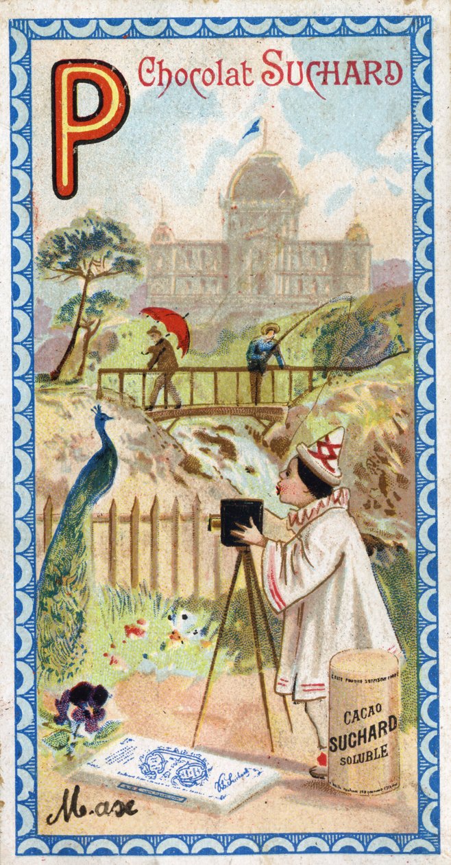 Litera P: pałac, pawilon, parasol, fotograf, most, wędkarstwo, paw, pensee. Rycina alfabetu pod redakcją Chocolata Sucharda, początek XX wieku. 24 chromatografie przedstawiające miejsca, postacie i przedmioty do odkrycia w autorstwa Unbekannt