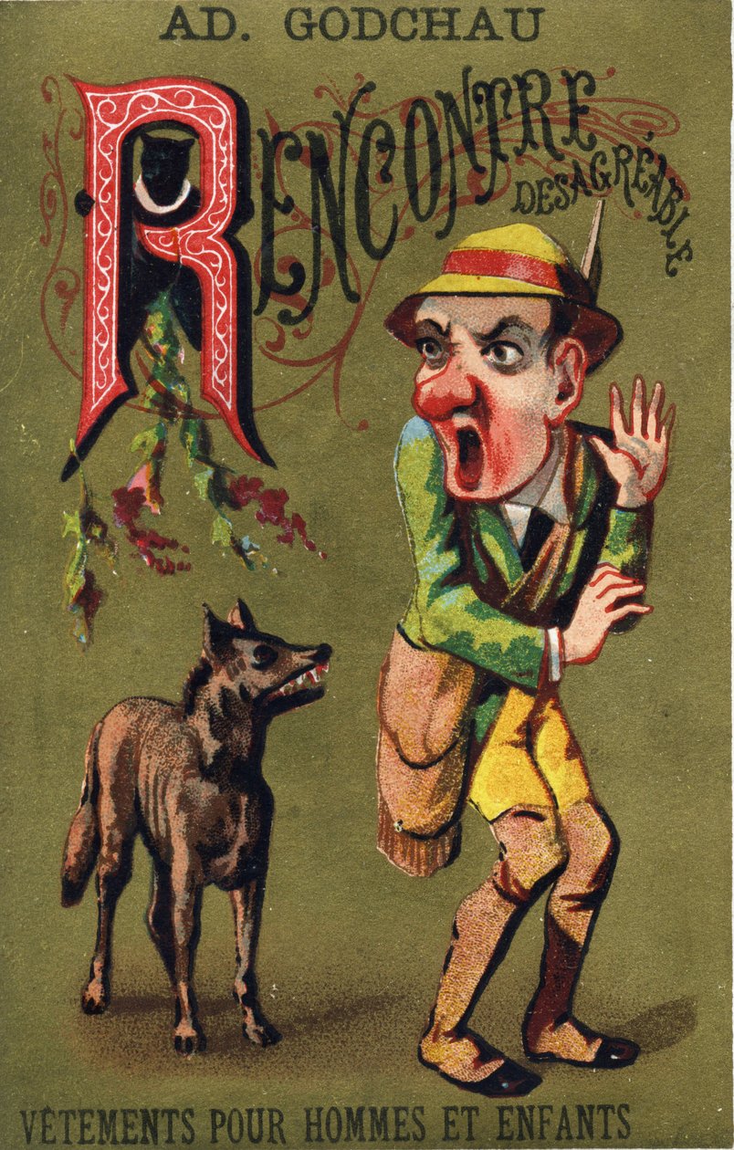 Litera R: Nieprzyjemne spotkanie. Grawerowanie w „Alfabet des grotesques””. Seria 25 chromatografów reklamowych na tle dory, koniec XIX wieku. Wymiary: 11x 7 cm autorstwa Unbekannt