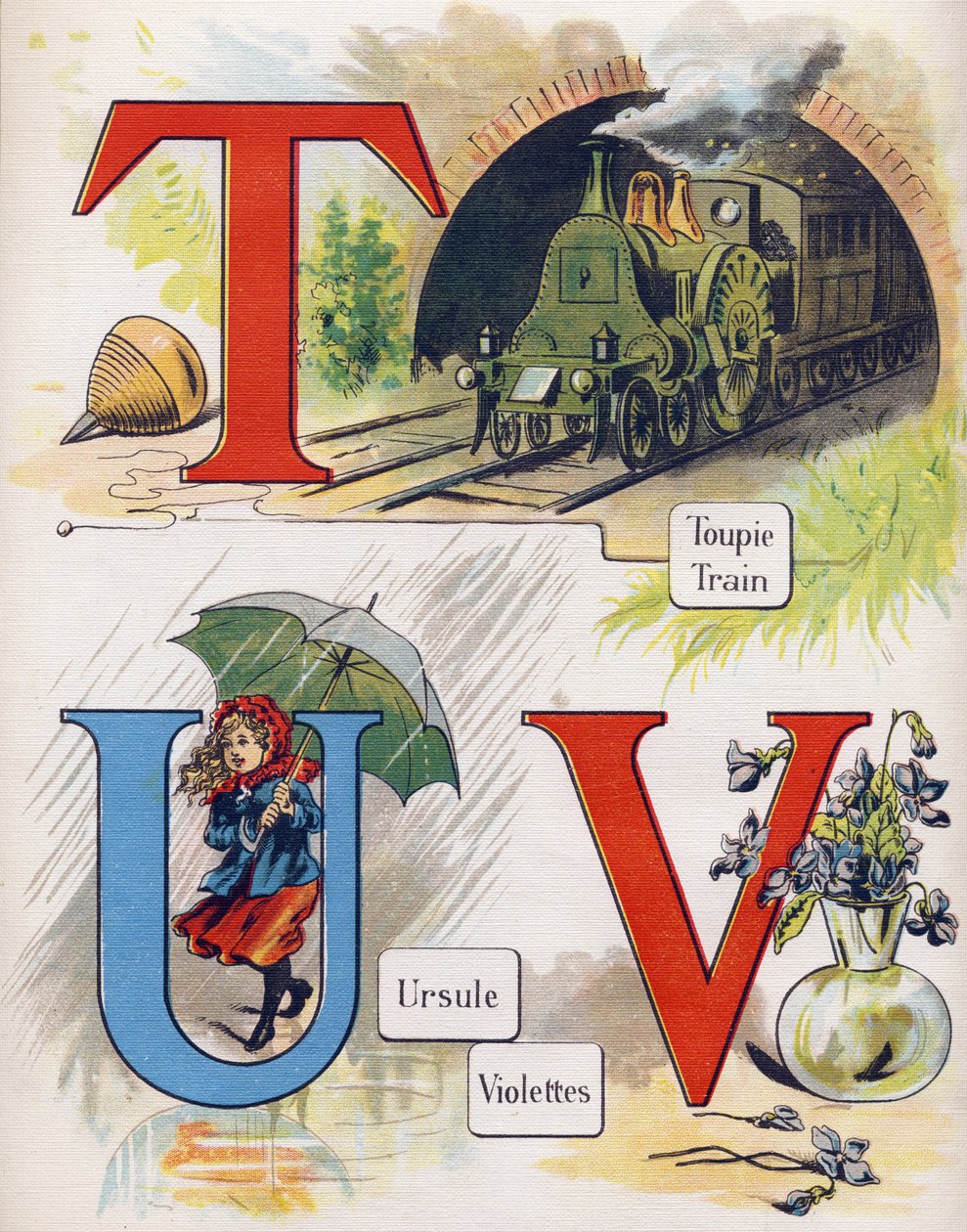 Litera T, U i V: góra, tren, ursula i fiolet. Grawerowanie w „ABC L