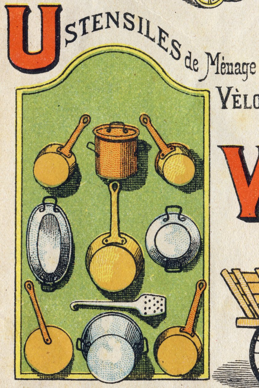 Litera U . Kokos, piec, wiewiórka, rondel... Grawerowanie w "ABC Toys". Obrazowanie epinal w chromolitografii, około 1890 r. Mała broszura o objętości 8 stron. Wymiary: 195x135mm, przeznaczone do umieszczenia reklamy w 4 okładce. Używany w domu, oferuje zn autorstwa Unbekannt