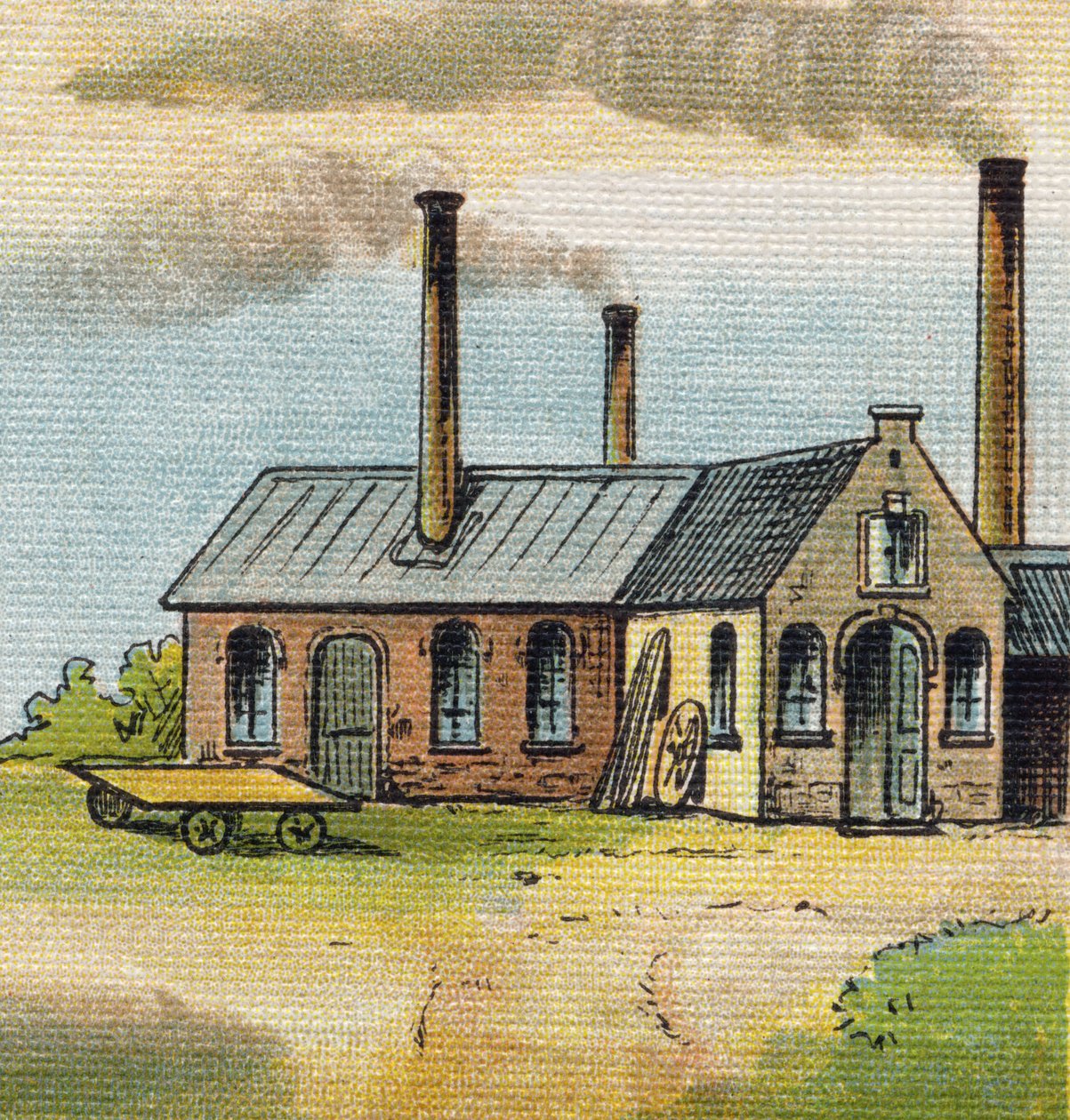 Litera U: Fabryka. Grawerowanie w "Alfabet de ma petite fille". Bernardin-Bechet i Fils, księgarz-wydawnictwo, Paryż, ok. 1895. Niezniszczalny album na płótnie. Bibliotheque des Bebes. 12 stron. Album zawierający sposób czytania i ilustracyjny abeced autorstwa Unbekannt