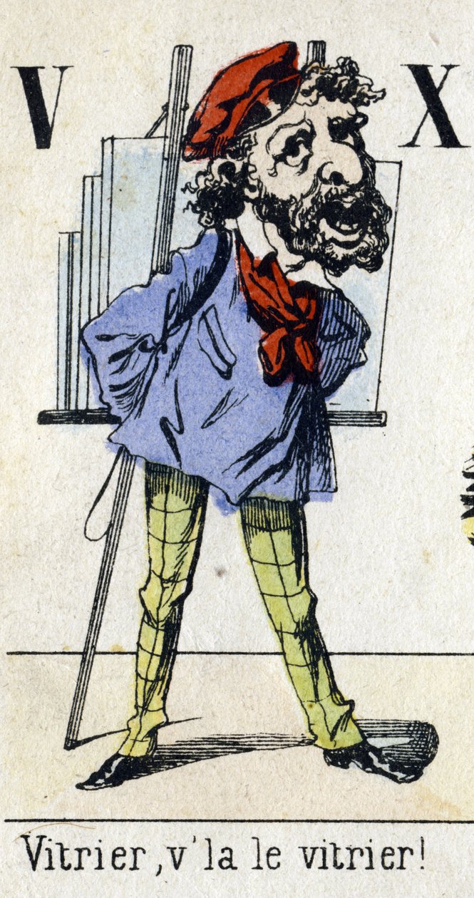 Litera V i X: „Szklarz, szklarz!” Alfabet "Zabawa dzieci". Obraz Epinal, ok. 1890 r. Popularna seria. Mała książeczka 8 stron. Matrycowane drzeworyty na temat małych ulicznych metier i krzyków Paryża autorstwa Unbekannt