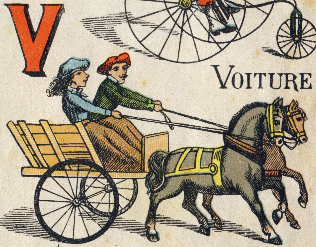 Litera V dla samochodu. Grawerowanie w "ABC Toys". Obrazowanie epinal w chromolitografii, około 1890 r. Mała broszura o objętości 8 stron. Wymiary: 195x135mm, przeznaczone do umieszczenia reklamy w 4 okładce. Używany w domu, oferuje znakomite abecedary i m autorstwa Unbekannt