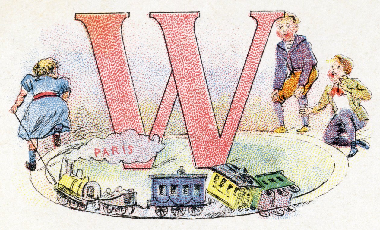 Litera W: wagon. Alfabet fosfatyny Falieres. Rytownictwo. Alfabet Brevete S.G.D.G. przez farmaceutę Pierre
