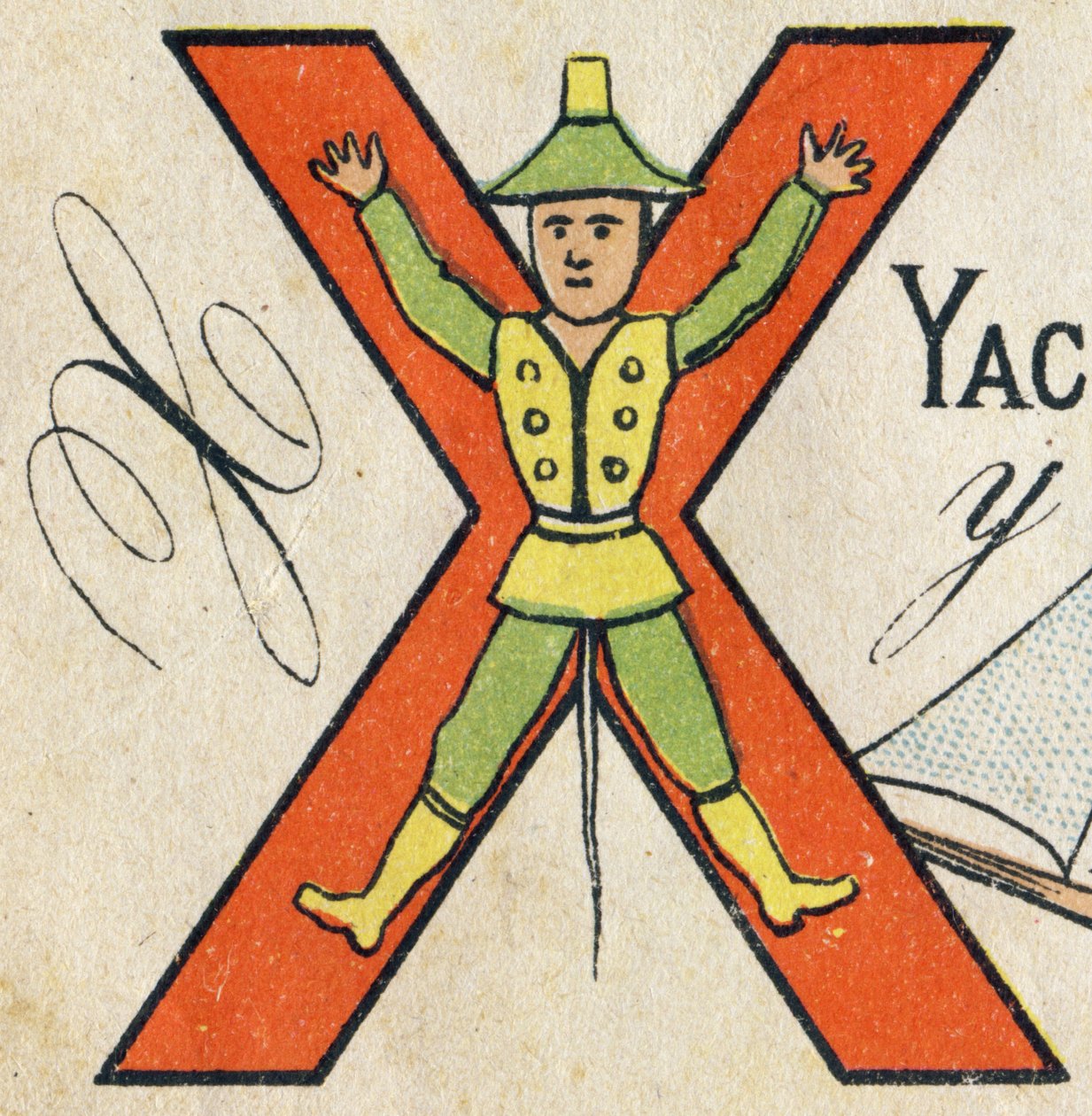 Litera X. Grawer w „ABC Toys”. Epinal obrazowanie w chromolitografii, ok. 1890. Mała książeczka 8 stron. Wymiary: 195x135mm, przeznaczona na reklamę w 4 okładce. Używana w domu, oferuje znakomite abeceedarium i małą lekturę metoda . autorstwa Unbekannt